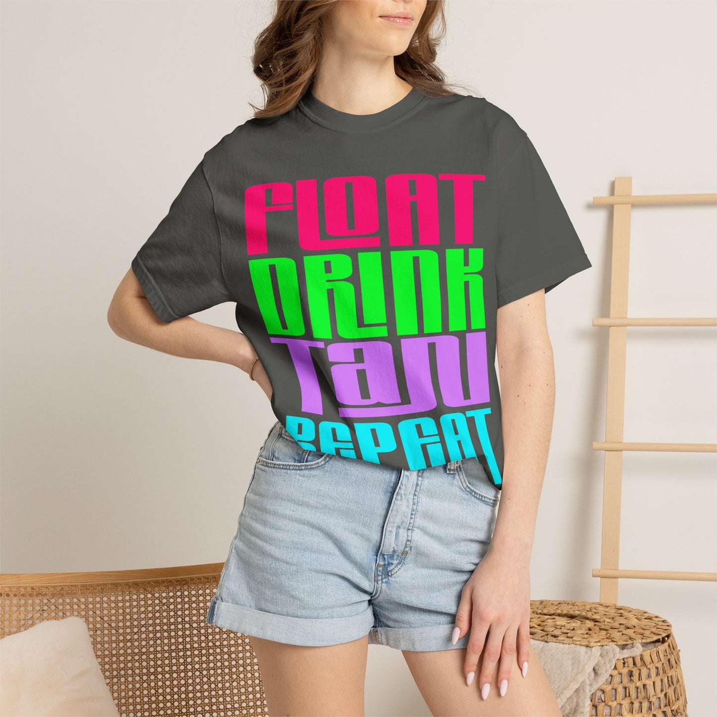 Float Drink Tan Repeat T-Shirt — Bright Retro Pool Party Tee