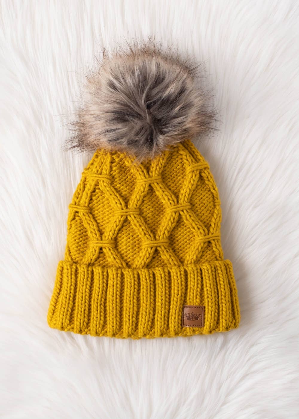 Mustard Diamond Cable Knit Pom Hat