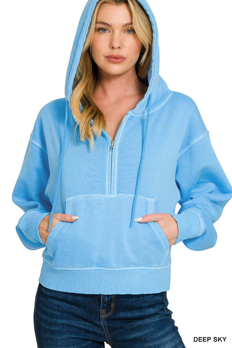 Sky 1/2 Zip Pigment Dyed Pocket Hoodie