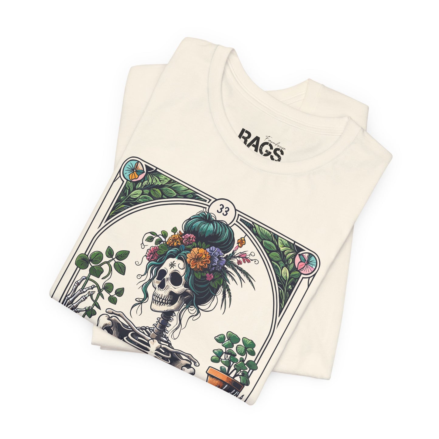 Plant Lady Skeleton Garden Tee — Botanical Tarot Skull Graphic T-Shirt