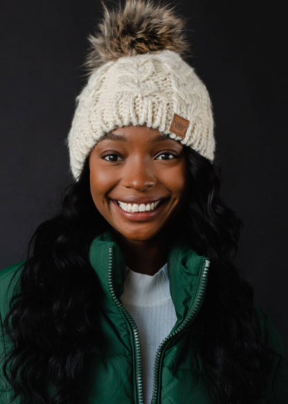 Panache Beige Cable Knit Pom Hat