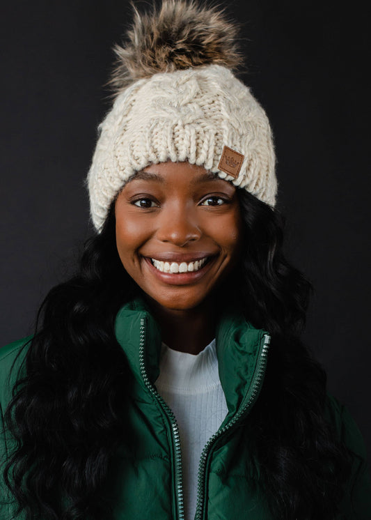 Panache Beige Cable Knit Pom Hat