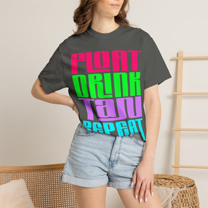 Float Drink Tan Repeat T-Shirt — Bright Retro Pool Party Tee