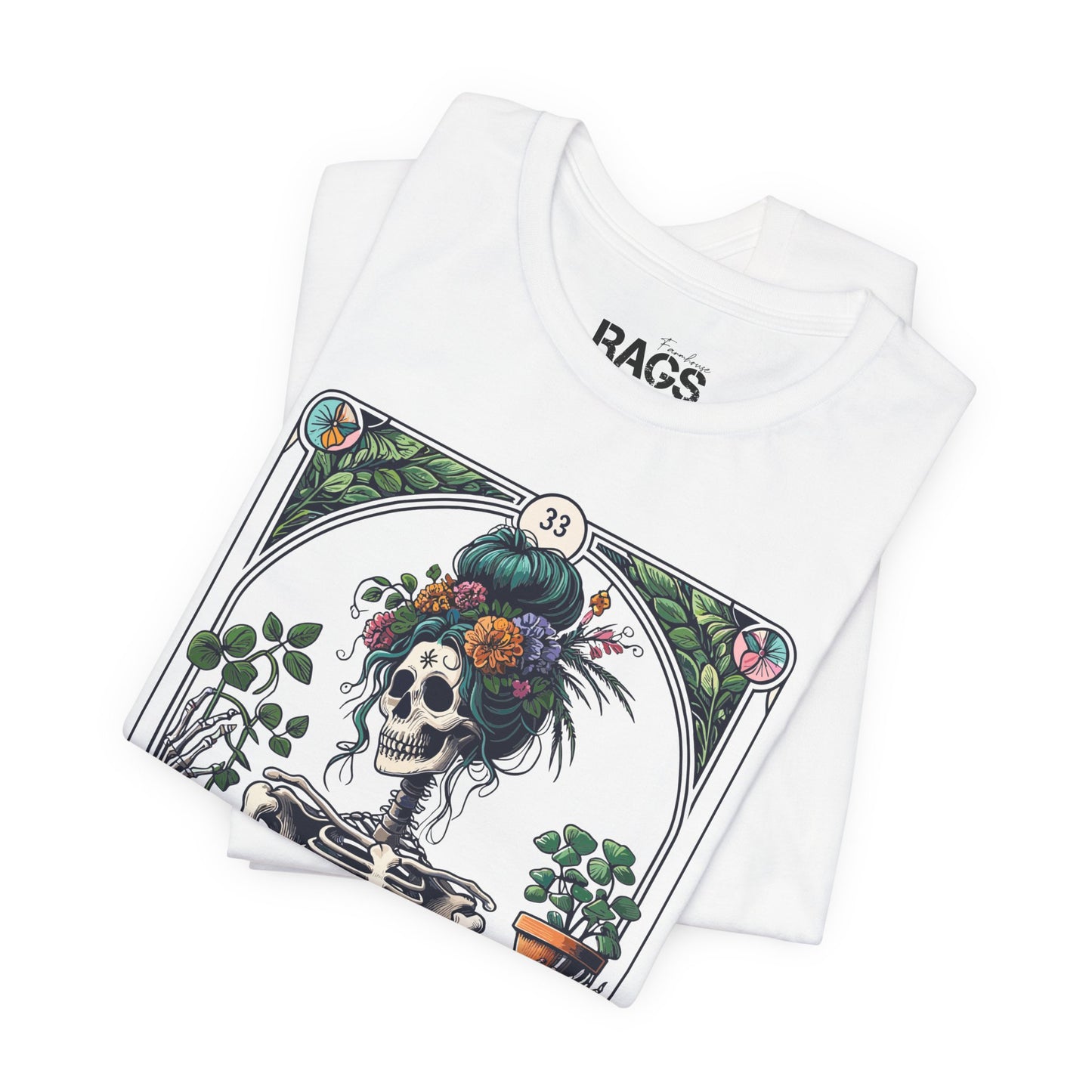 Plant Lady Skeleton Garden Tee — Botanical Tarot Skull Graphic T-Shirt