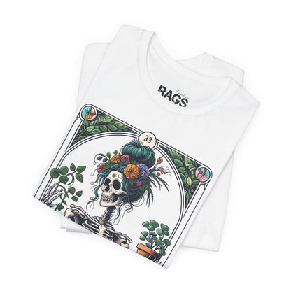 Plant Lady Skeleton Garden Tee — Botanical Tarot Skull Graphic T-Shirt