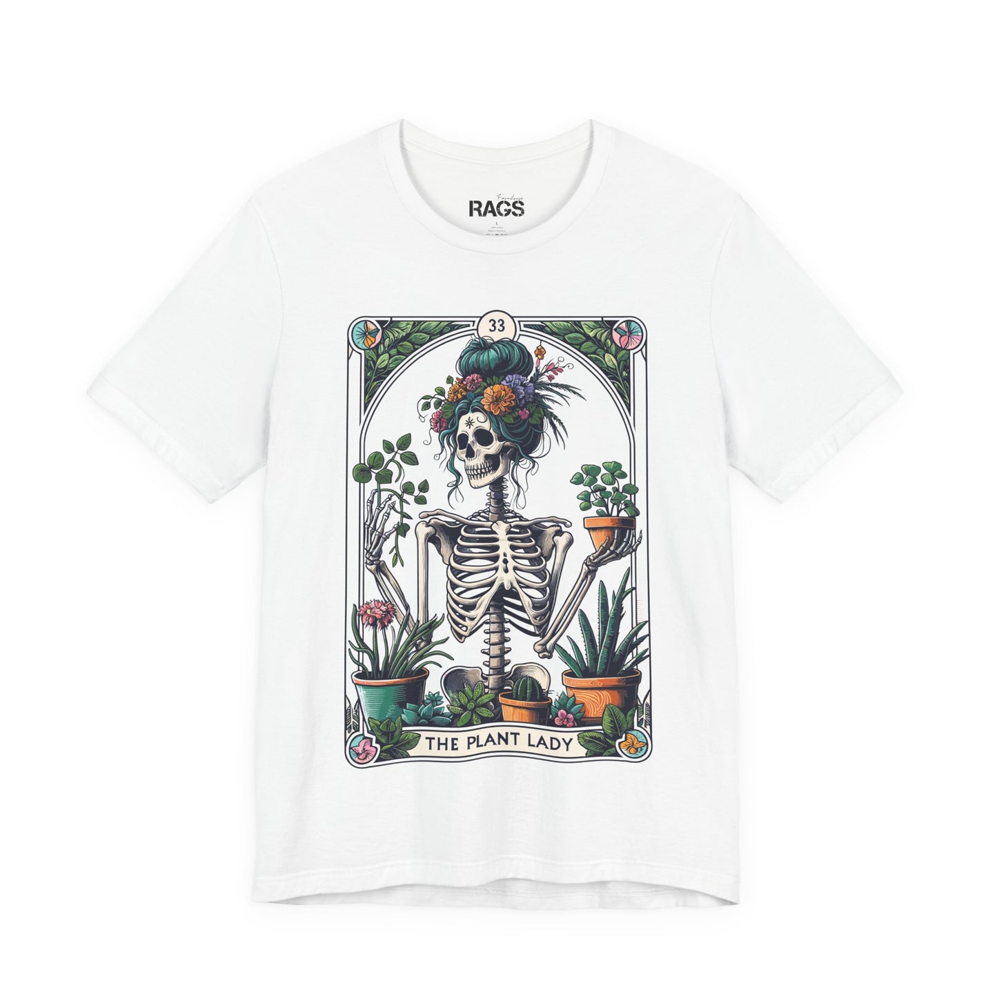 Plant Lady Skeleton Garden Tee — Botanical Tarot Skull Graphic T-Shirt