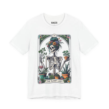 Plant Lady Skeleton Garden Tee — Botanical Tarot Skull Graphic T-Shirt