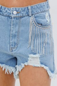 Dolly Frayed Rhinestone Denim Shorts