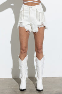 Dolly Frayed Rhinestone Denim Shorts