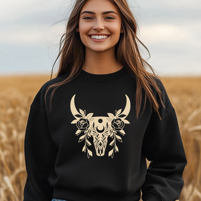 Boho Floral Bull Skull Crewneck Sweatshirt