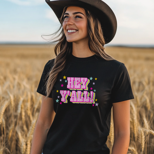 HEY Y'ALL! Pink Retro Graphic Tee — Fun Country Slogan Shirt