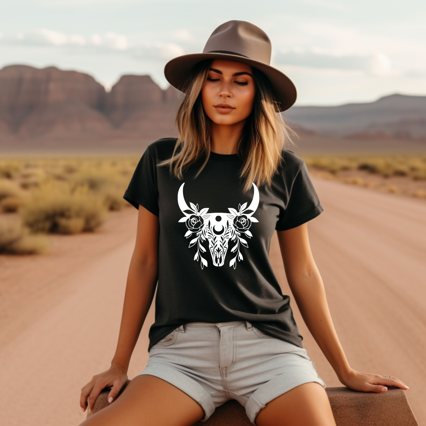 Bull Skull Floral Tee — Boho Western Graphic T-Shirt