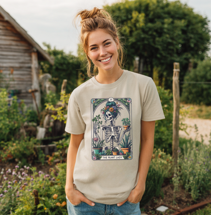 Plant Lady Skeleton Garden Tee — Botanical Tarot Skull Graphic T-Shirt