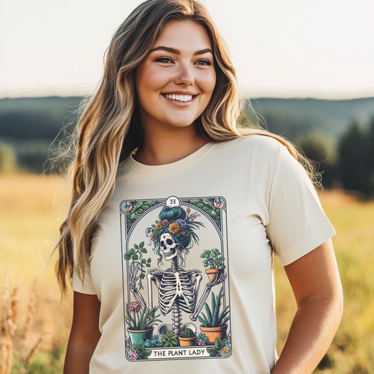 Plant Lady Skeleton Garden Tee — Botanical Tarot Skull Graphic T-Shirt
