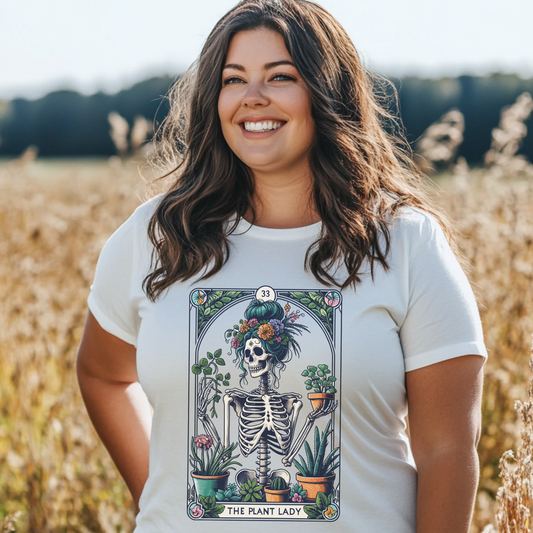 Plant Lady Skeleton Garden Tee — Botanical Tarot Skull Graphic T-Shirt