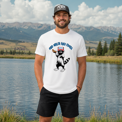 Patriotic Raccoon Tee — "Red White and Ferrell" 4th of July Graphic Shirt
