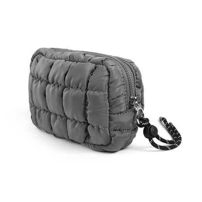 Ash grey puffer wallet with a keychain on a white background