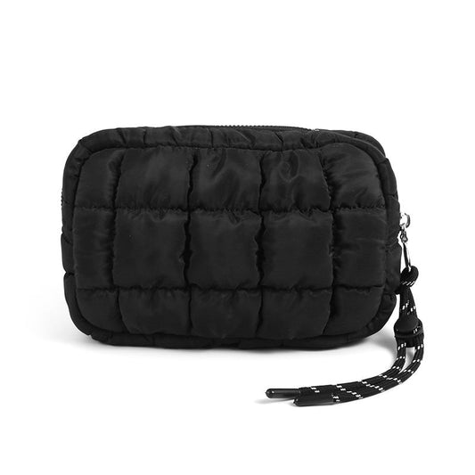 Black quilted pouch with a strap on a white background