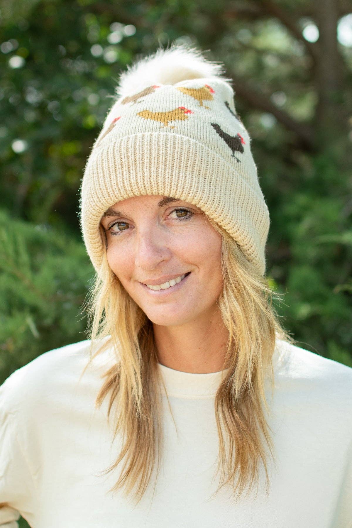 Chicken Knit Pom-Pom Cuffed Stocking Cap