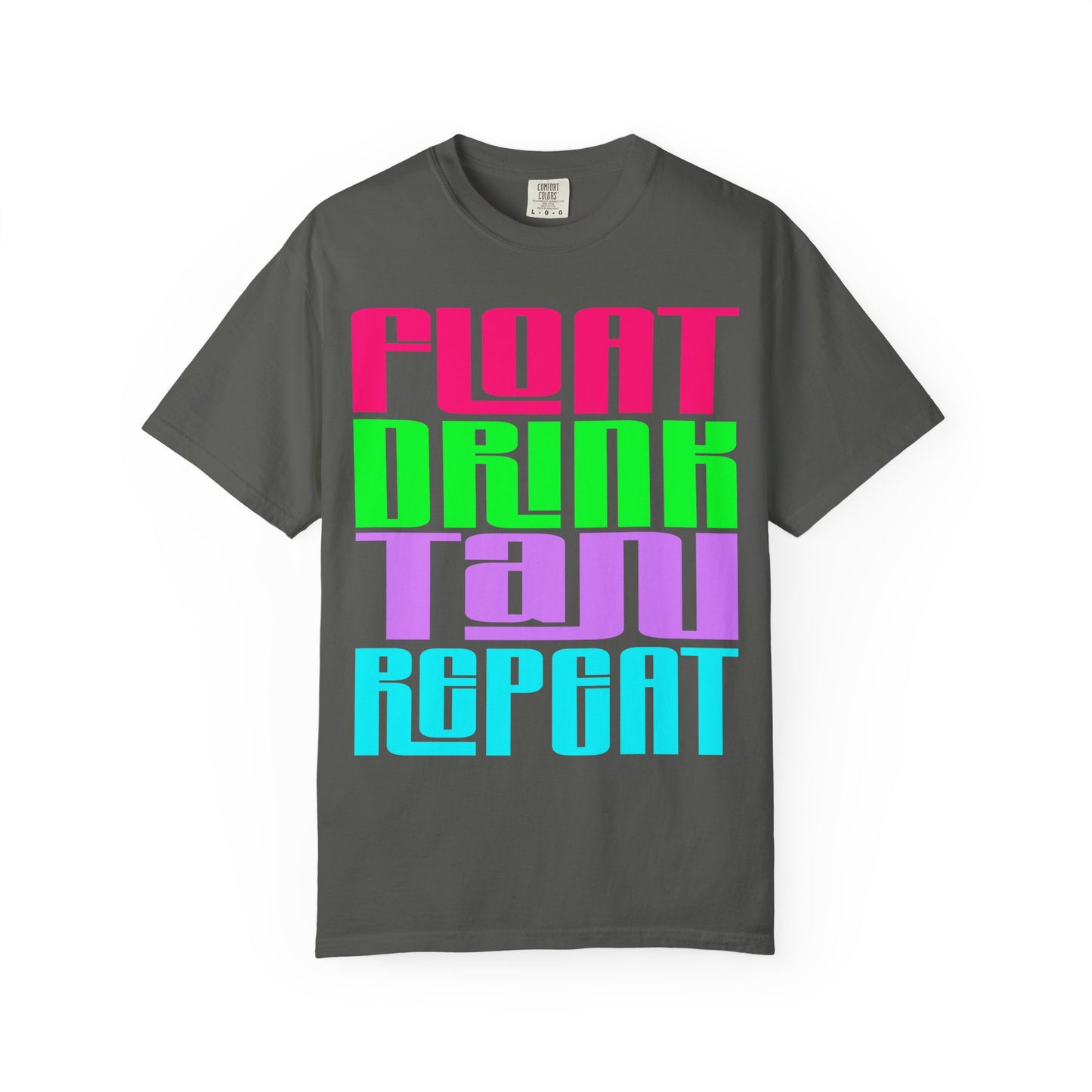 Float Drink Tan Repeat T-Shirt — Bright Retro Pool Party Tee