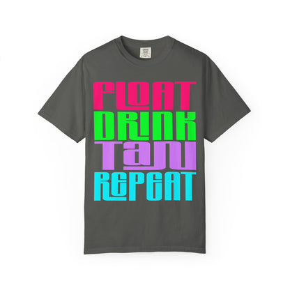 Float Drink Tan Repeat T-Shirt — Bright Retro Pool Party Tee