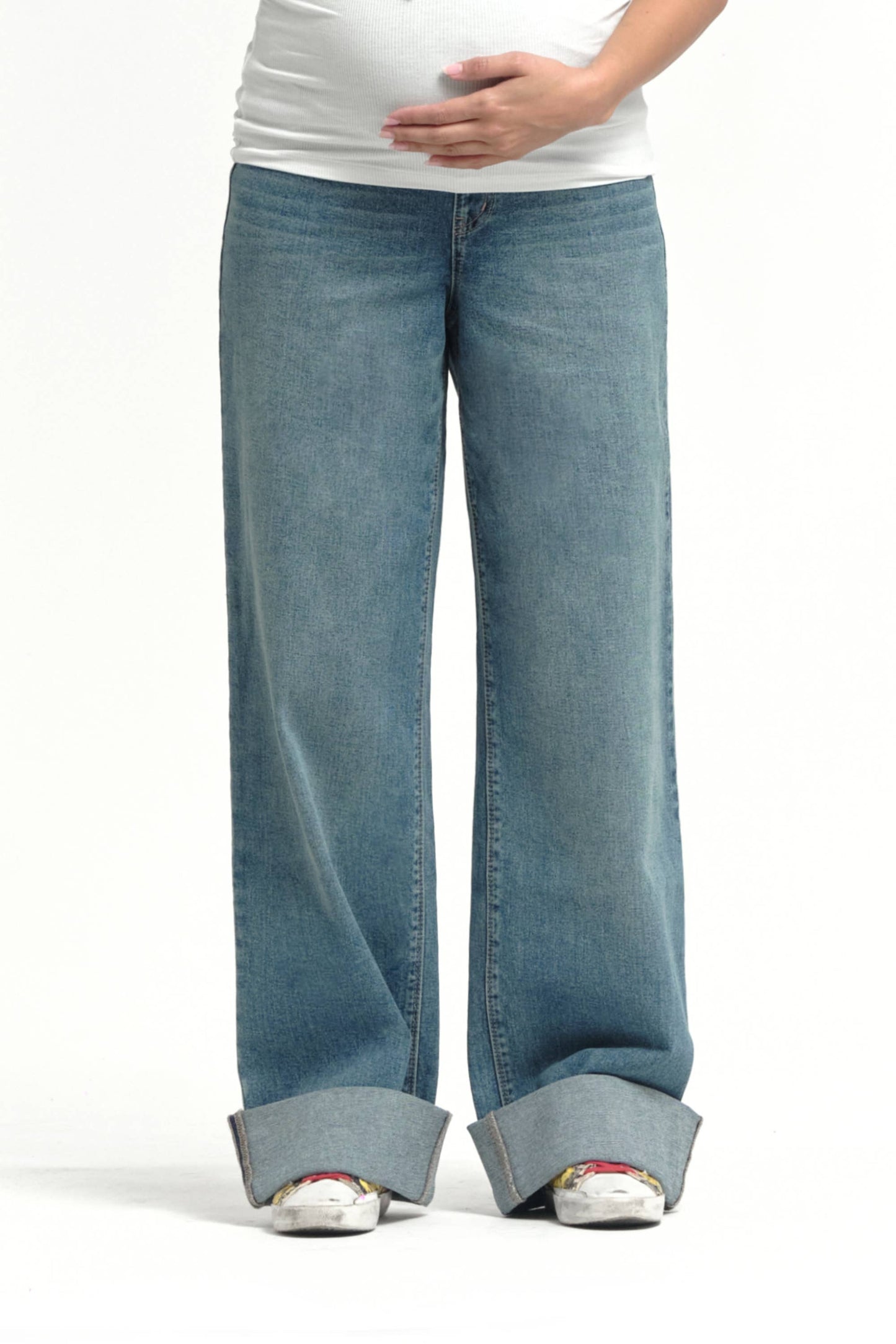 Maternity Roll Cuff Wide Leg Jean w/ Bellyband in Willa