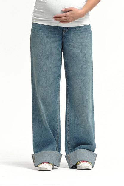Maternity Roll Cuff Wide Leg Jean w/ Bellyband in Willa
