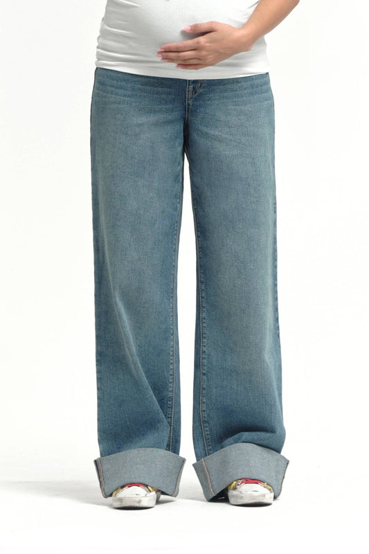 Maternity Roll Cuff Wide Leg Jean w/ Bellyband in Willa