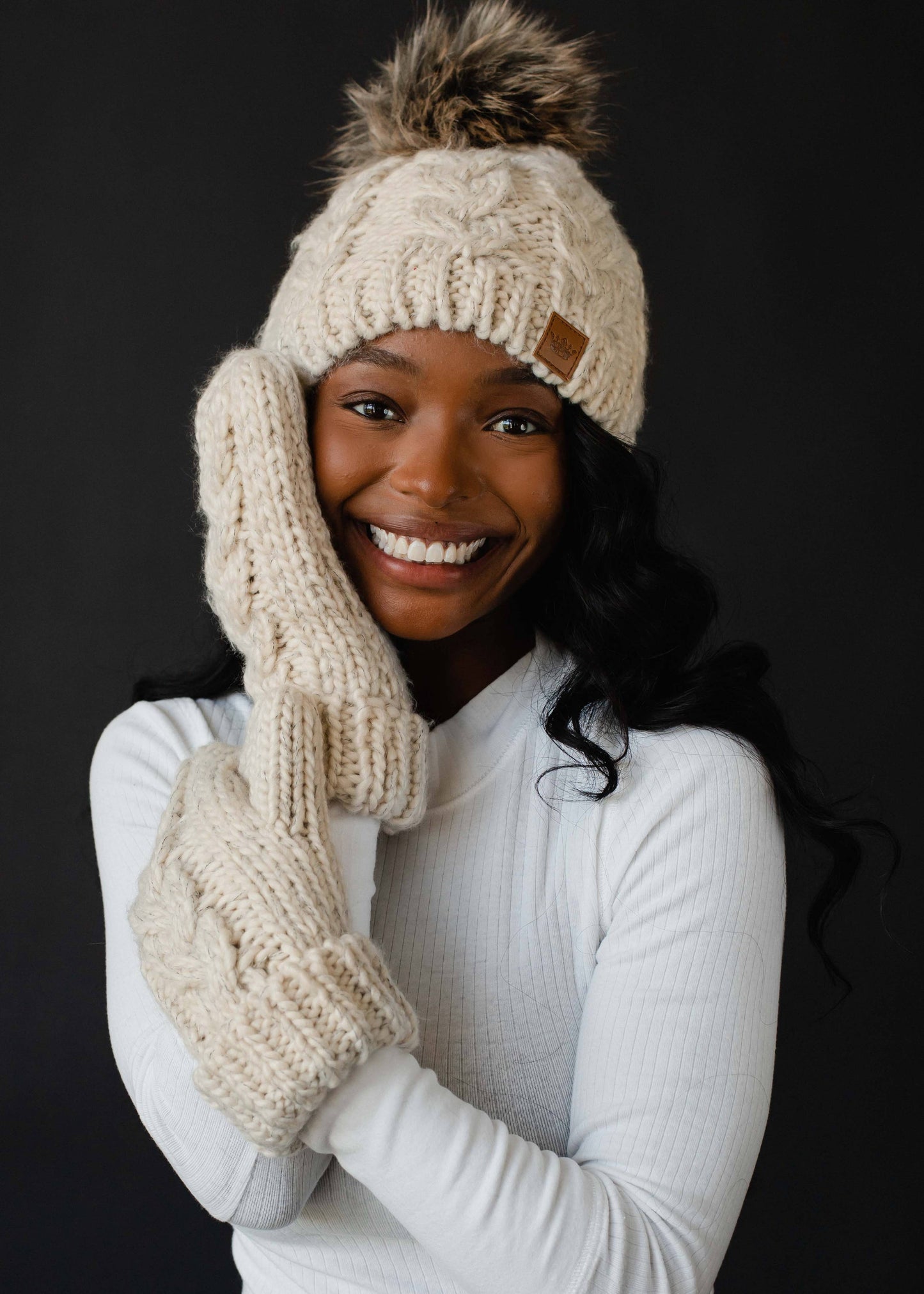 Panache Beige Cable Knit Pom Hat