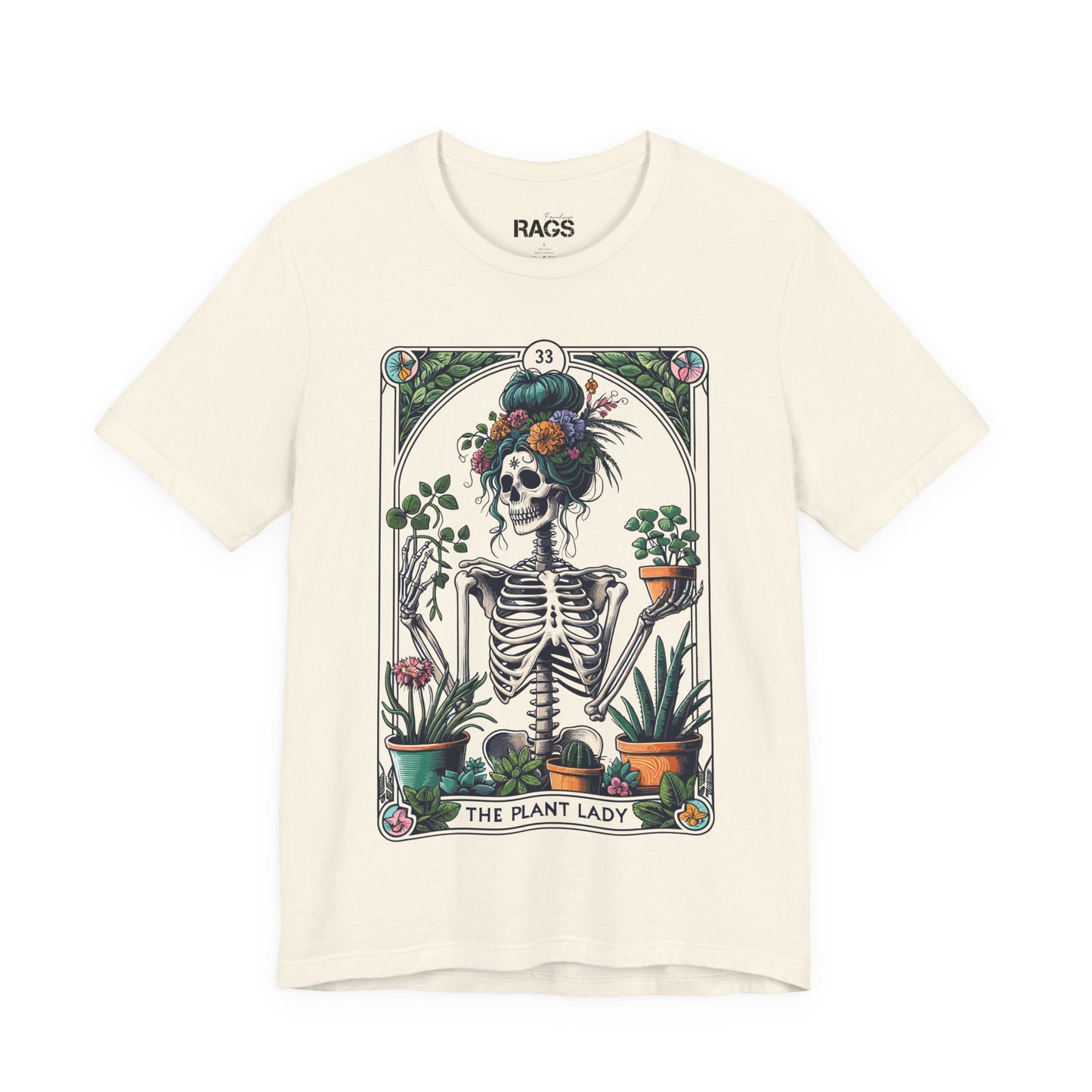 Plant Lady Skeleton Garden Tee — Botanical Tarot Skull Graphic T-Shirt