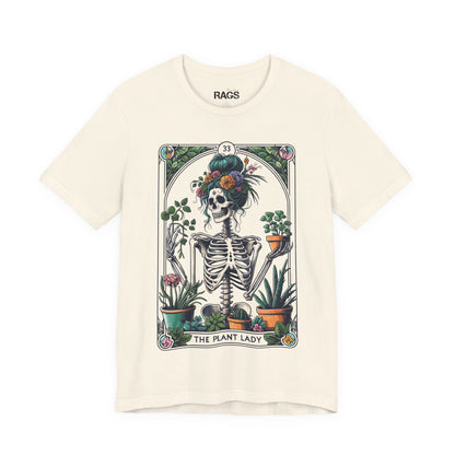 Plant Lady Skeleton Garden Tee — Botanical Tarot Skull Graphic T-Shirt