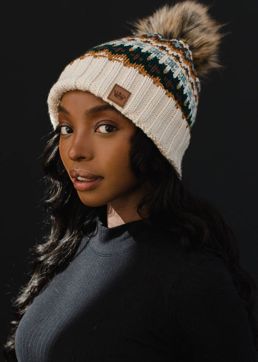 Panache Cream & Patterned Pom Hat