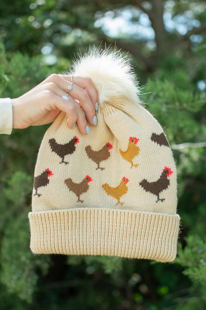 Chicken Knit Pom-Pom Cuffed Stocking Cap