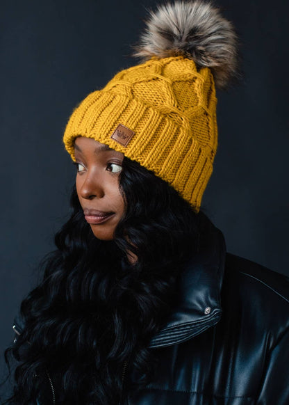 Mustard Diamond Cable Knit Pom Hat