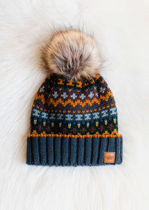 Panache Dusty Blue & Patterned Pom Hat