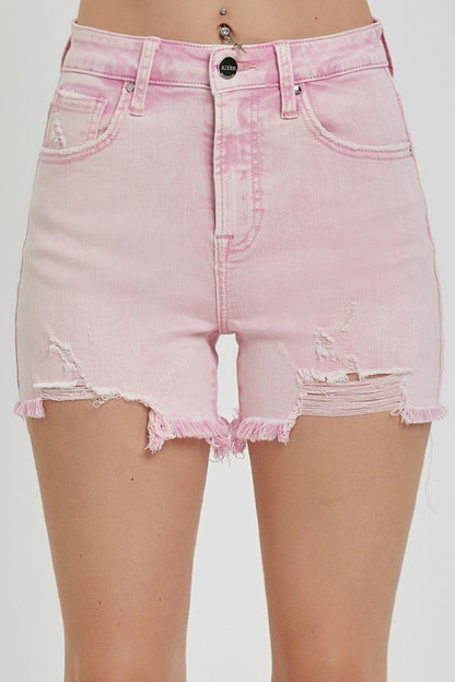 RISEN High Rise Pink Distressed Denim Shorts
