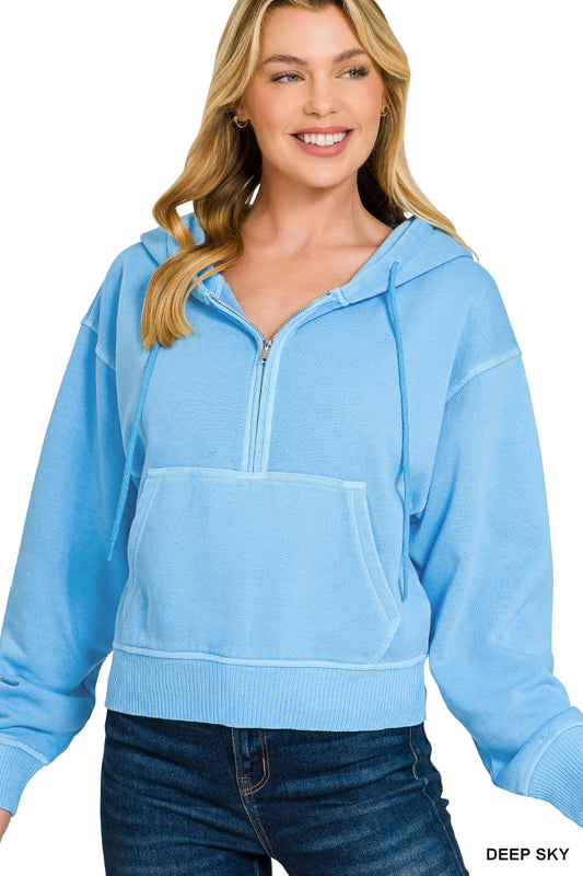 Sky 1/2 Zip Pigment Dyed Pocket Hoodie
