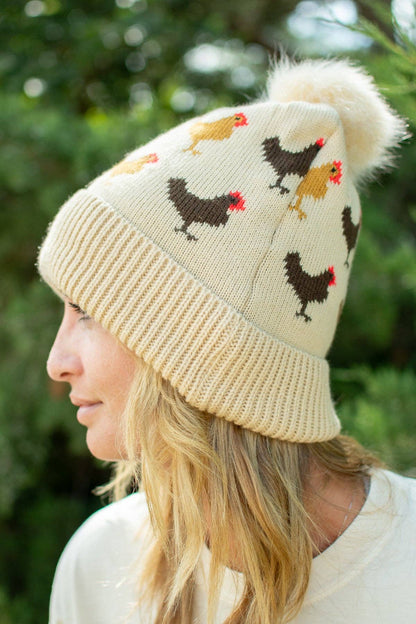 Chicken Knit Pom-Pom Cuffed Stocking Cap