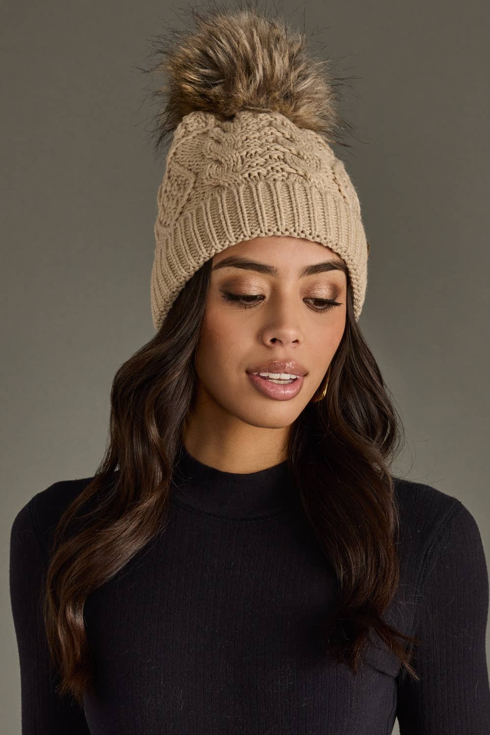 Spice Cable Knit Pom Hat