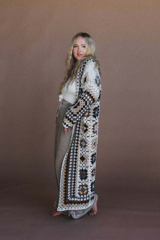 Soulful Wanderer Crochet Duster - Grey Multi