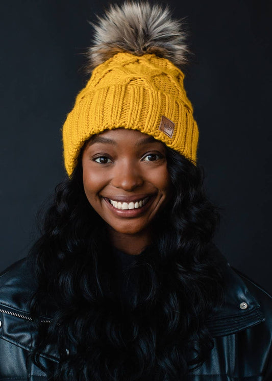 Mustard Diamond Cable Knit Pom Hat