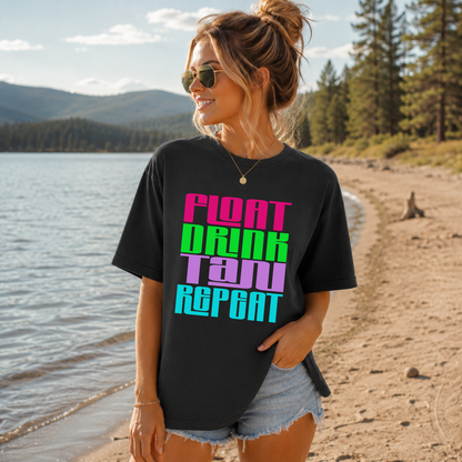 Float Drink Tan Repeat T-Shirt — Bright Retro Pool Party Tee