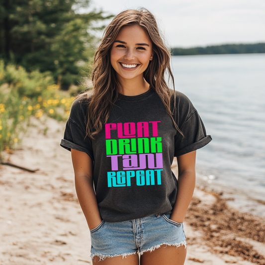 Float Drink Tan Repeat Acid Wash T-Shirt