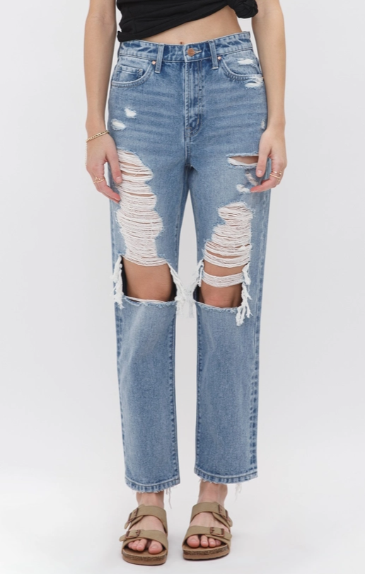 Mica Gavi Super High Rise Distressed Boyfriend Jeans
