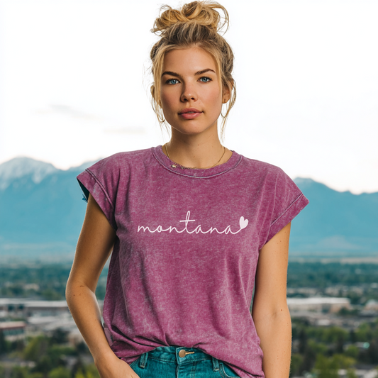 Montana Love Plum Acid Wash Cuffed T-Shirt