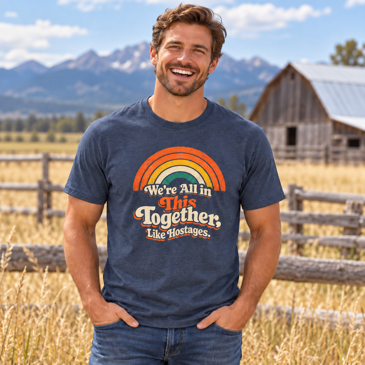 Vintage Rainbow 'We're All In This Together, Like Hostages' Graphic Tee
