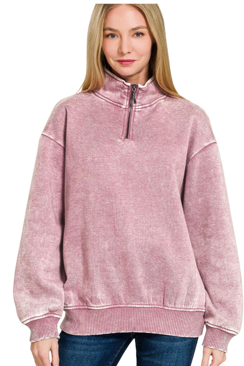 Rose Acid Wash Quarter Zip Sweatshirt