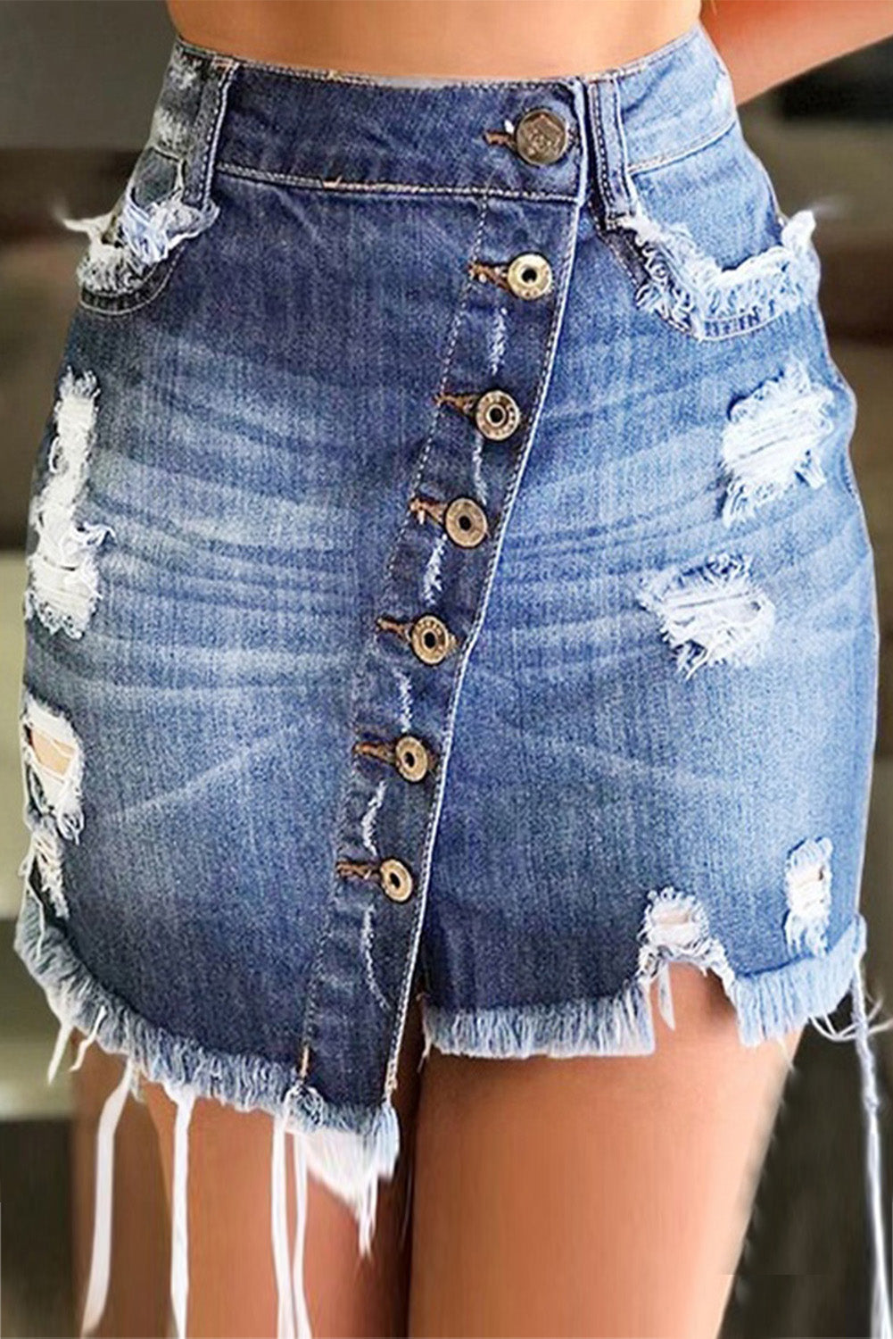 Ten Step Ripped Denim Button Down Skirt