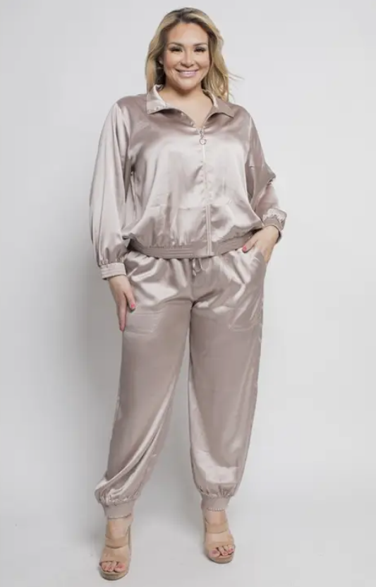 Midnight Black Satin Plus Size Joggers