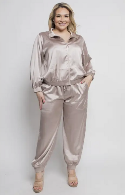 Midnight Black Satin Plus Size Joggers